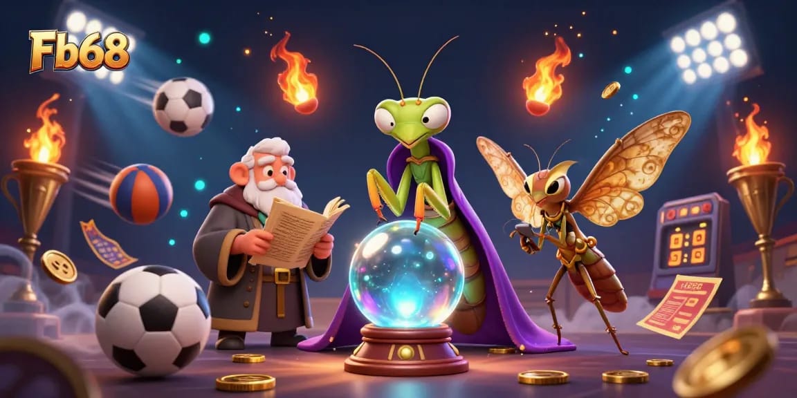 Engage with Fb68's vibrant 3D illustration featuring a fortune teller and sports elements.