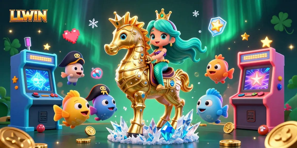 LLWIN offers an exciting 3D casino adventure featuring a mermaid princess and a seahorse in a vibrant gaming setup.