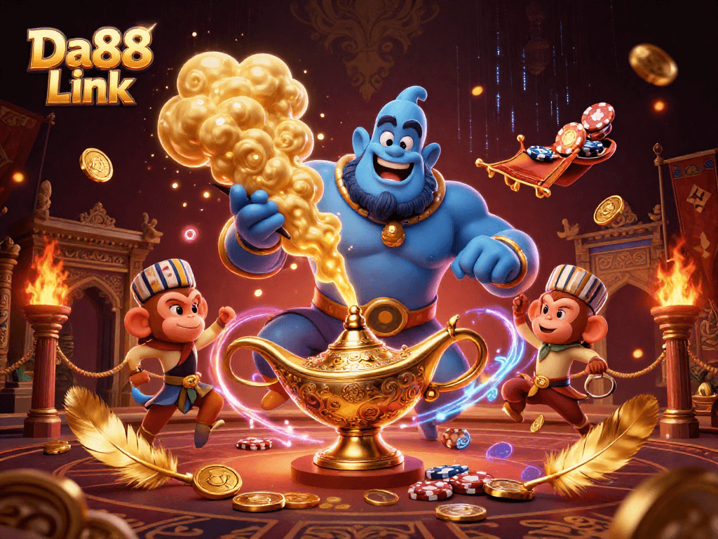 Engage with the colorful Da88 Link casino adventure featuring a genie, a monkey, and magical poker chips.