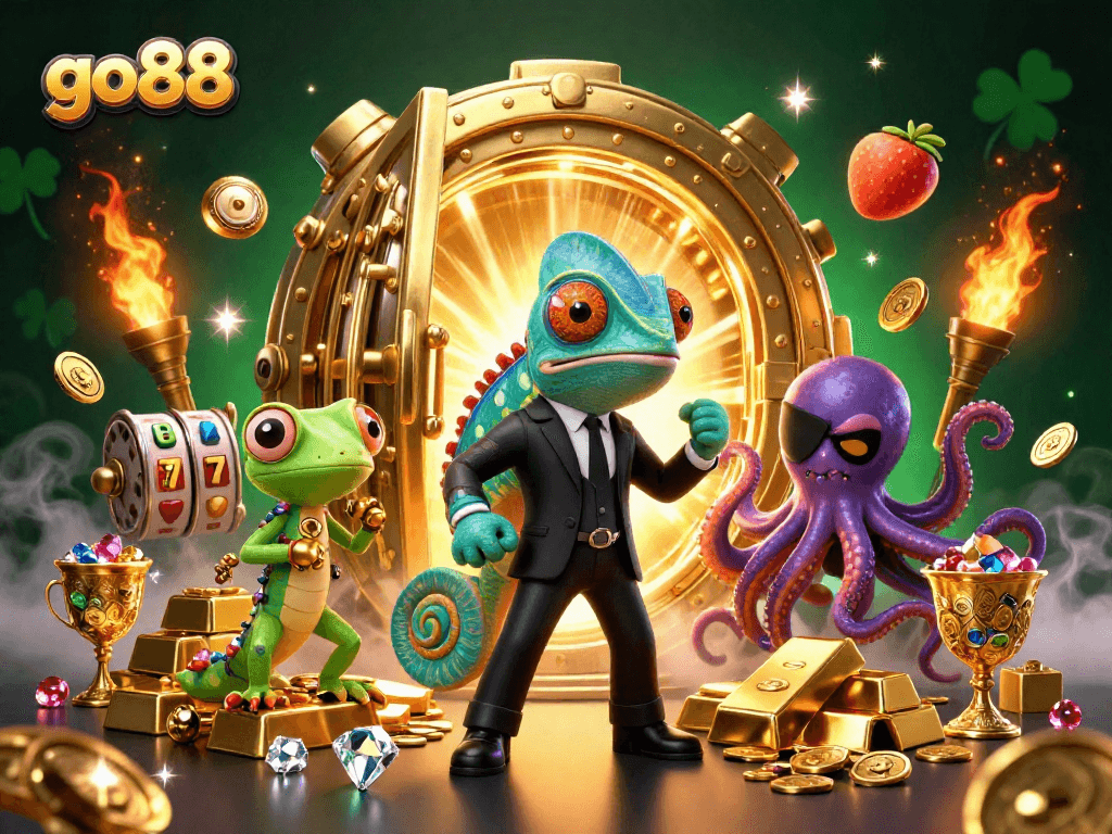 Engage with go88's thrilling game features, showcasing a lavish casino adventure with secret agents and treasures.