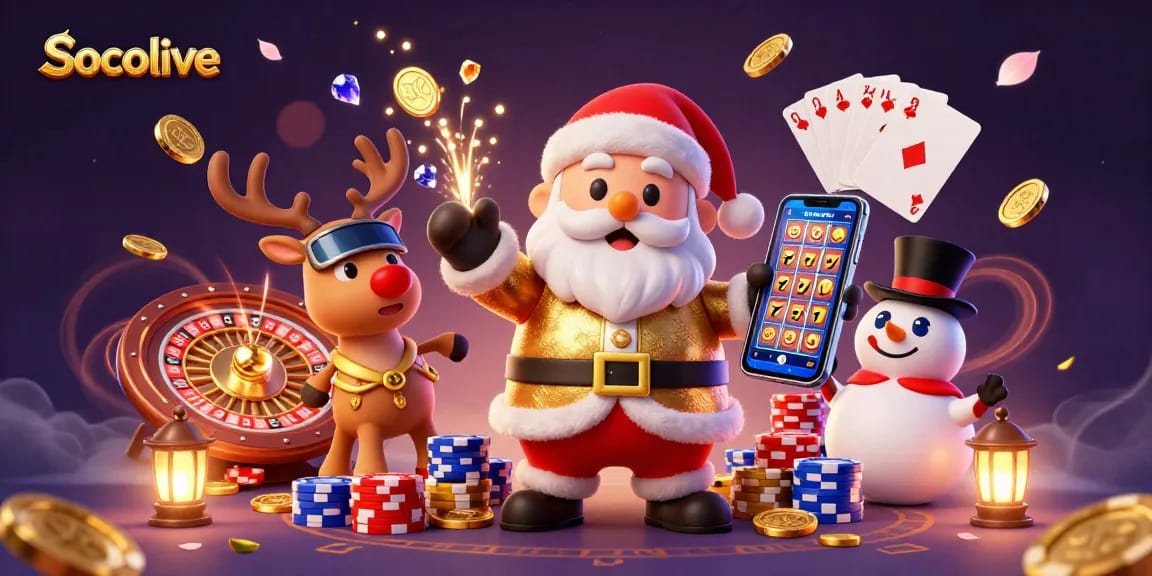 Socolive showcases Santa and friends enjoying jackpot slots amidst flying coins and vibrant casino elements.