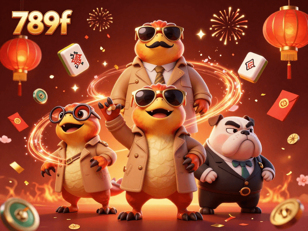 Join the fun at 789f's VIP lounge with raptors and a bulldog, enjoying the casino action!