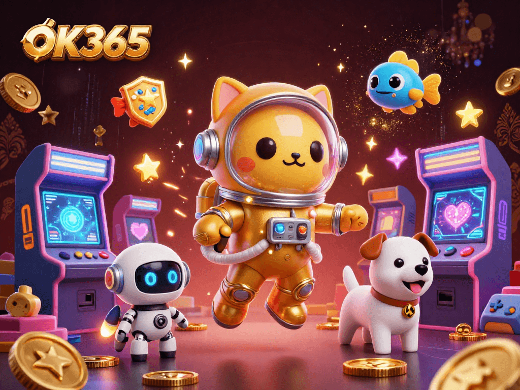 Engage in thrilling gameplay at OK365 with a 3D cartoon astronaut cat and dynamic casino elements.