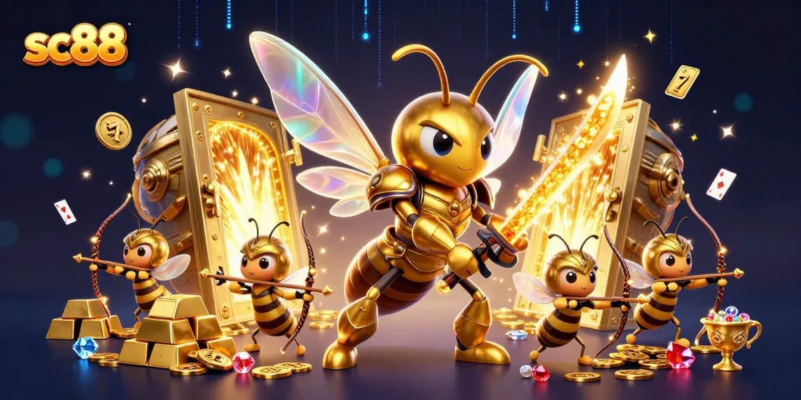 Engage with sc88's vibrant casino scene featuring a golden hornet samurai among treasures and gaming elements.