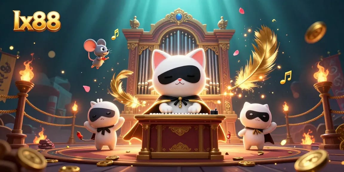 Experience thrilling action with lx88's vibrant casino scene featuring a phantom cat and acrobat.