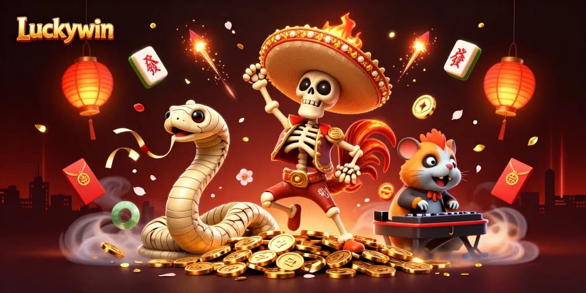 Hit the jackpot with Luckywin in a vibrant, dynamic casino scene featuring fun characters and gambling elements.