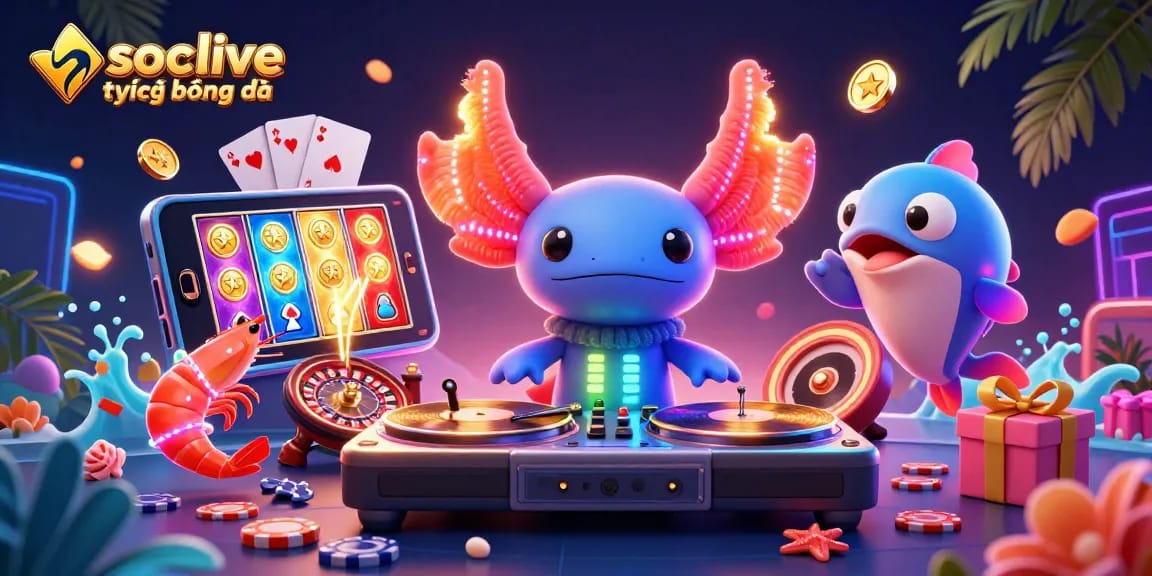 Socolive trực tiếp bóng đá brings vibrant 3D casino action with axolotl DJ and dynamic gaming elements.