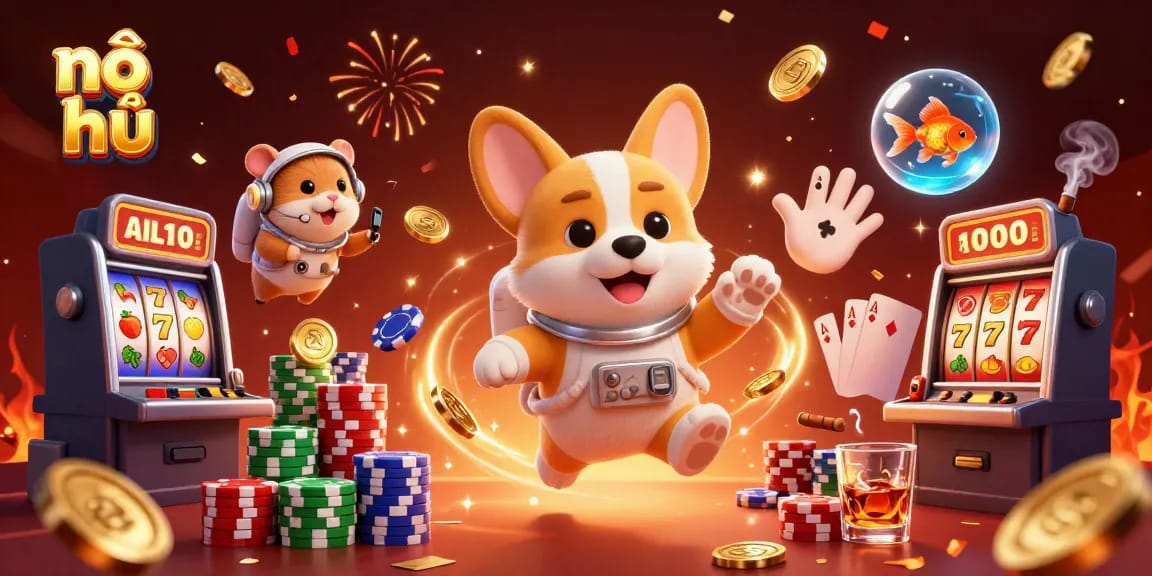 Spin the reels and win with nổ hũ in a bustling space casino featuring playful characters.