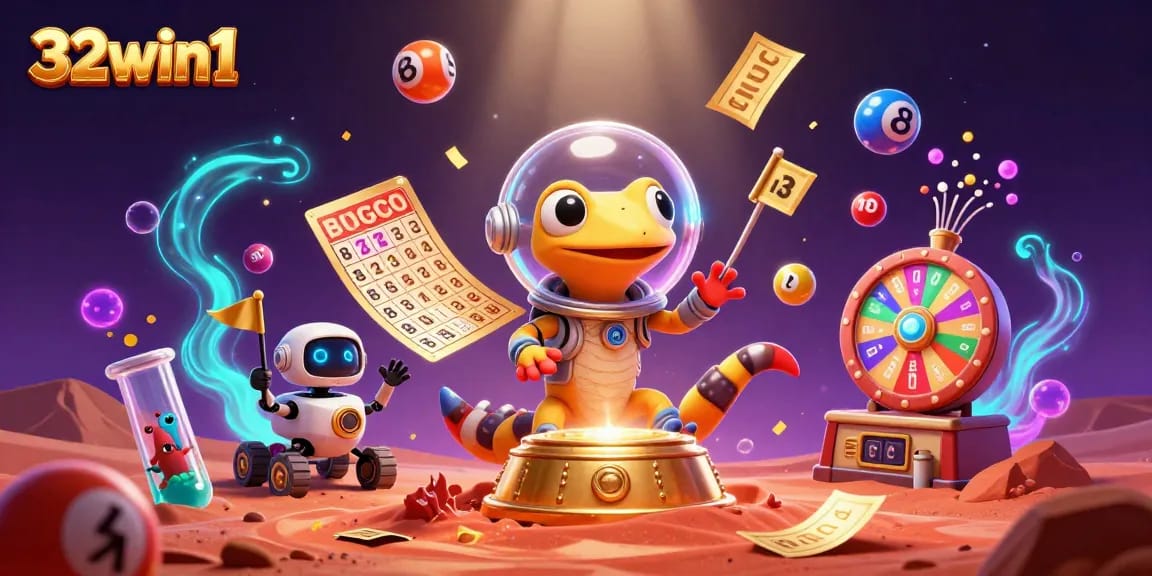 Engage with 32win1 casino activities in a vibrant Martian scene with excitement and solid visuals.