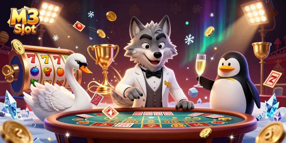 M3 Slot showcases vibrant 3D casino characters, including a debonair wolf and a swan, immersed in lavish gambling action.