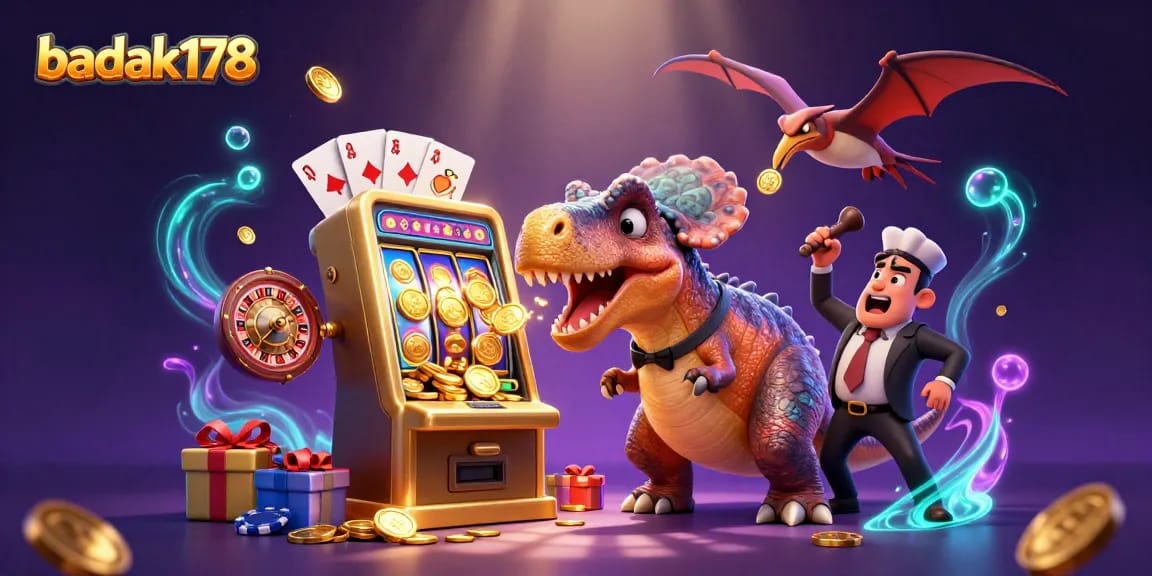 Experience the excitement of badak178 as dinosaurs win jackpots and catch flying coins in a vibrant casino.