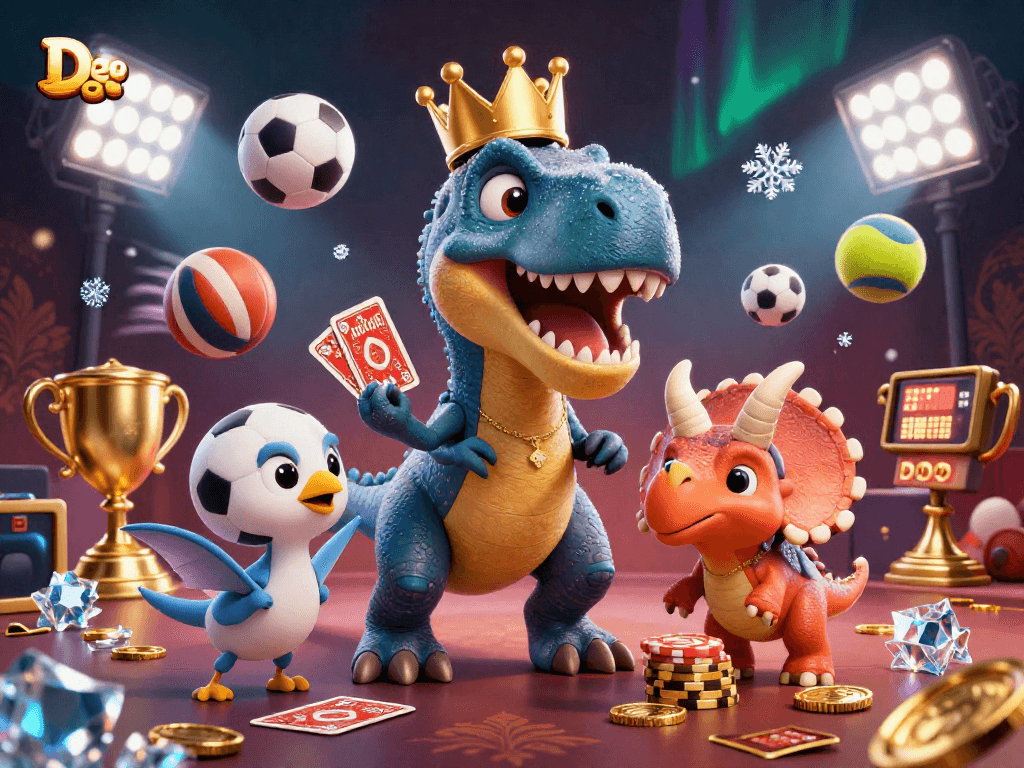 Engage with De bet's thrilling sports betting scene featuring a T-Rex shuffling cards and dinosaurs stacking chips.