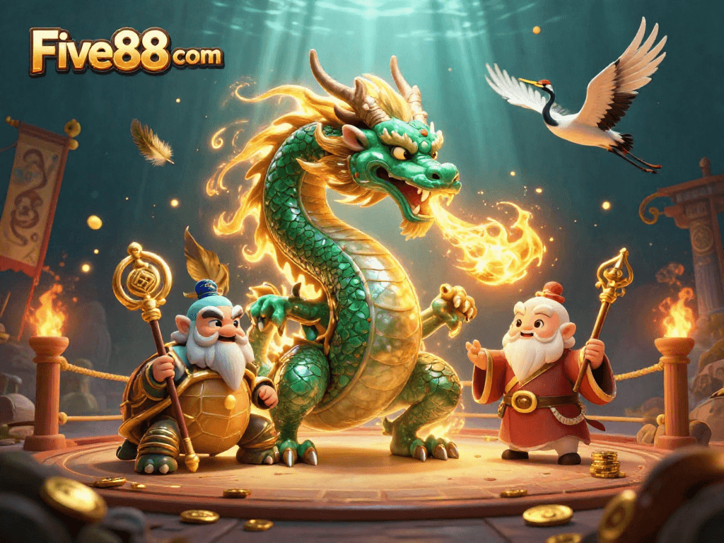 Experience immersive gameplay at Five88 com with vibrant 3D elements and an emerald jade dragon.