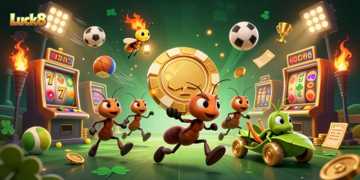 Luck8 presents an exciting heist scene with cartoon ants and gambling elements, showcasing a vibrant casino atmosphere.
