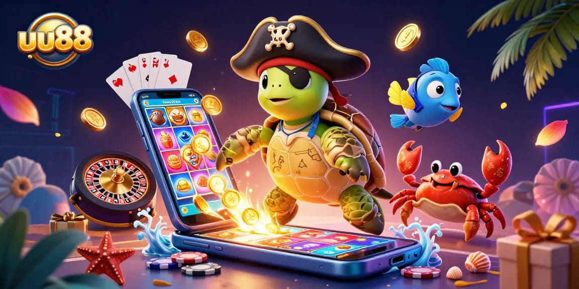 uu88 gaming experience illustrated with cartoon characters enjoying casino games amid treasure and excitement