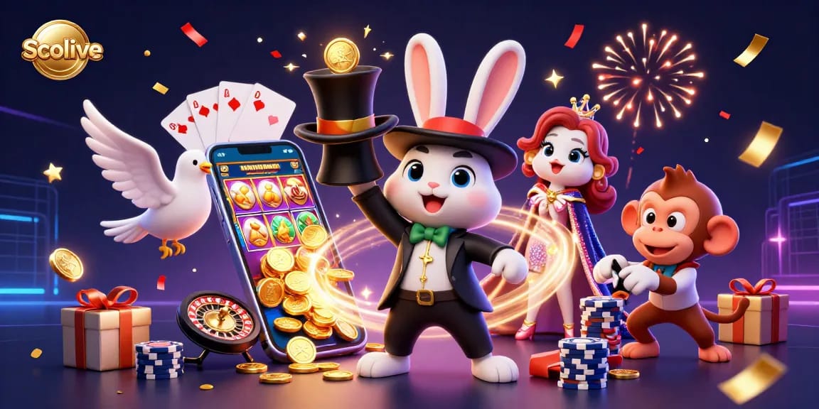 Socolive brings excitement with a magician rabbit and a dove in a vibrant casino illustration.