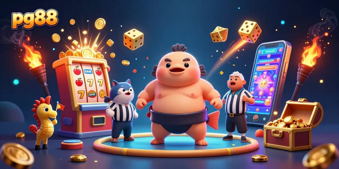 Engage with pg88's exciting slot games featuring a playful fugu, vibrant casino elements, and jackpot excitement!