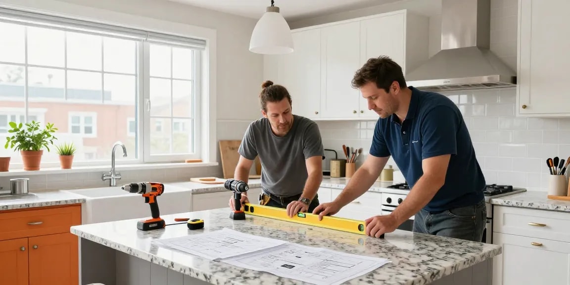 General contractor Toronto overseeing kitchen renovation with team in modern workspace.