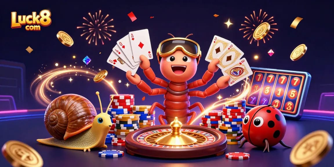 Engage with Luck8 com at a vibrant casino scene featuring animated characters and gaming elements.