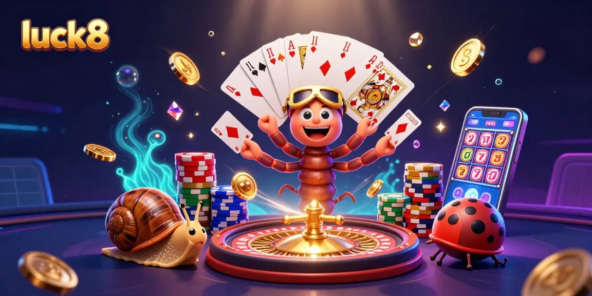 Engage luck8 players with a vibrant scene of animated characters celebrating casino excitement.