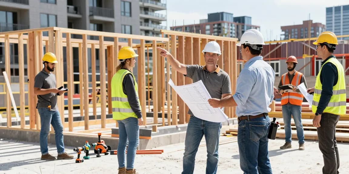 General contractor Toronto overseeing a construction site with workers, blueprints, and tools in a bustling urban environment.