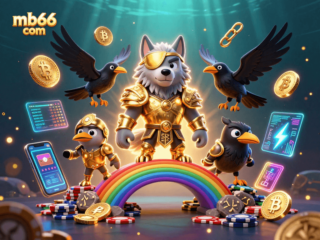Win big at mb66 com with a vibrant illustration featuring Odin and mystical elements in a thrilling casino scene.