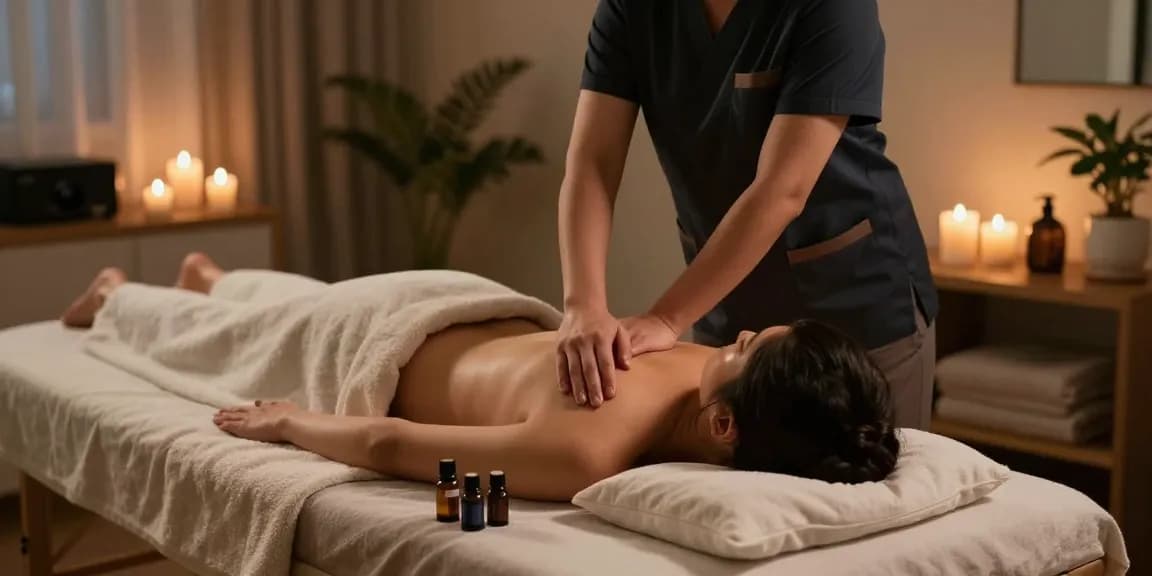 출장마사지 in a tranquil home setting with a therapist and cozy ambiance.