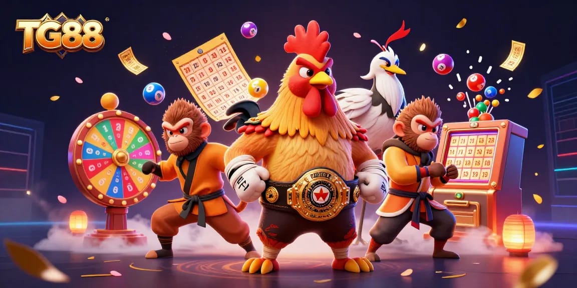Engage with TG88's thrilling casino world featuring exciting gaming elements like lottery balls and a vibrant prize wheel.