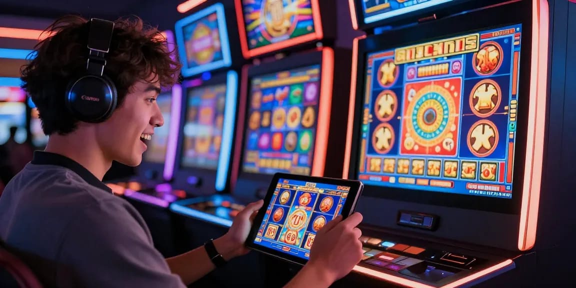 Pemain antusias bermain slot online dengan berbagai mesin slot berwarna-warni di sekelilingnya.