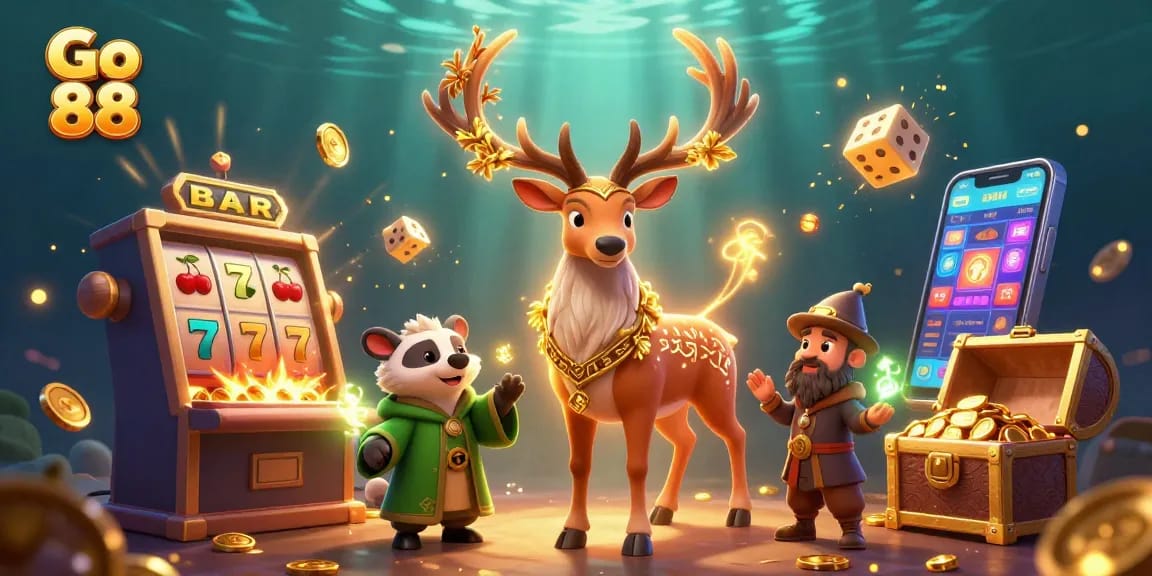 Experience the thrill of Go 88 with a lively scene featuring a druid stag and casino elements.