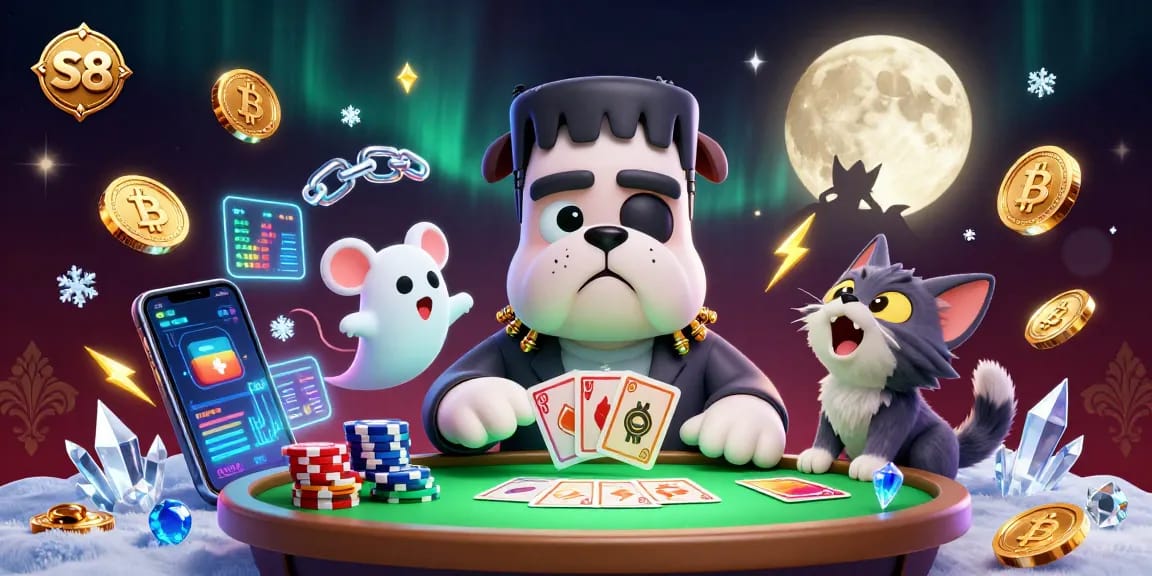 Engage in thrilling S8 casino games with charming characters and crypto elements in a vibrant, spooky atmosphere.