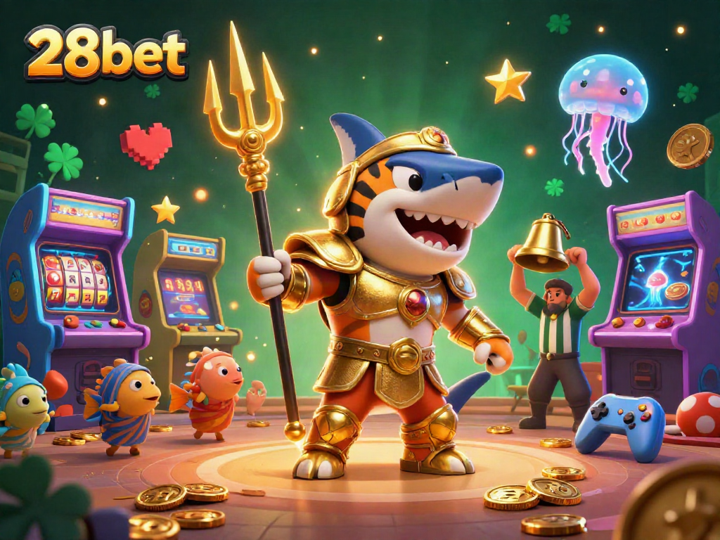 Engage in dynamic games at 28bet with colorful slot reels, vibrant characters, and a festive underwater scene.