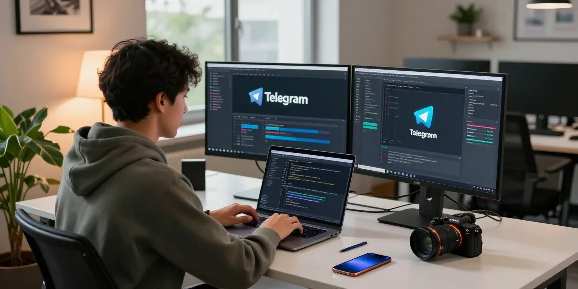 Telegram download showcased in a modern workspace where a developer engages with multiple screens, enhancing productivity and innovation.