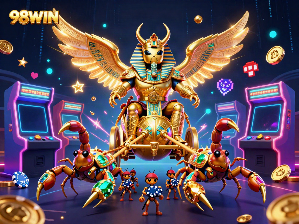 Engage with 98WIN's vibrant 3D casino scene featuring glowing characters and game elements embodying excitement.