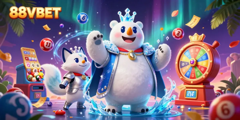 Play exciting games with 88VBET and colorful lottery elements surrounding the ice king bear and snow fox.