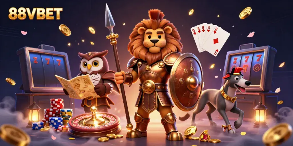 Experience thrilling action and strategy with 88VBET's immersive casino scene featuring vibrant characters and dynamic game elements.