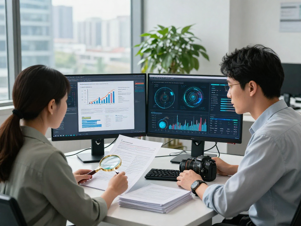 Document fraud detection analysis at a tech workspace with an analyst verifying documents using advanced data tools and technology.