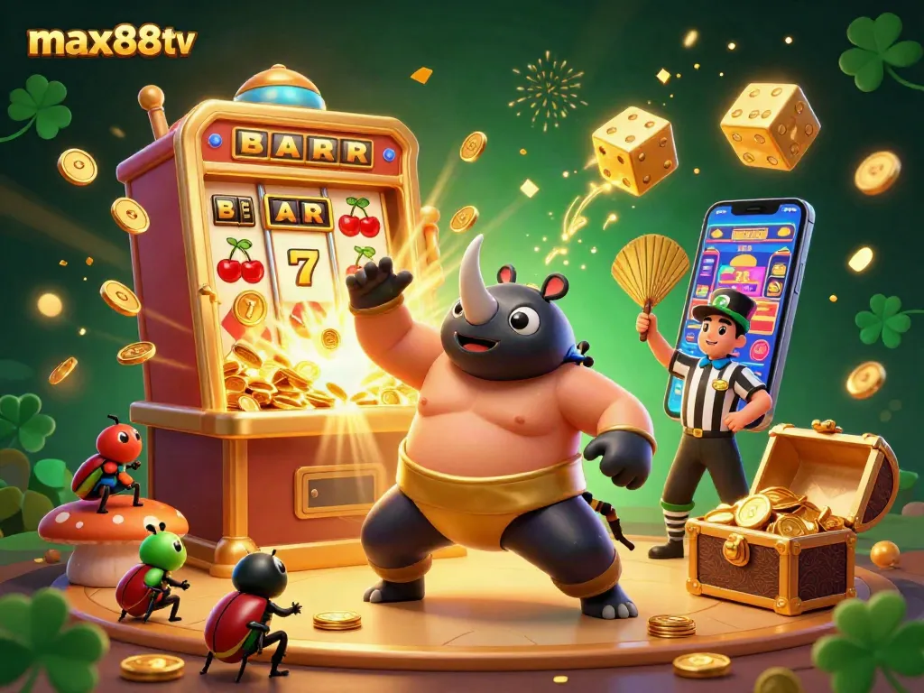 max88tv features a vibrant 3D scene of a rhinoceros beetle casino champion amidst bursting slot machine elements.