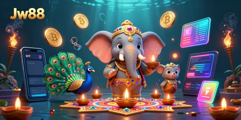 Experience the vibrant energy of Jw88's online gaming with colorful characters and interactive crypto elements.