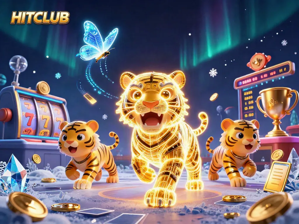 Engage with HITCLUB in an electrifying digital casino space filled with vibrant gaming elements.