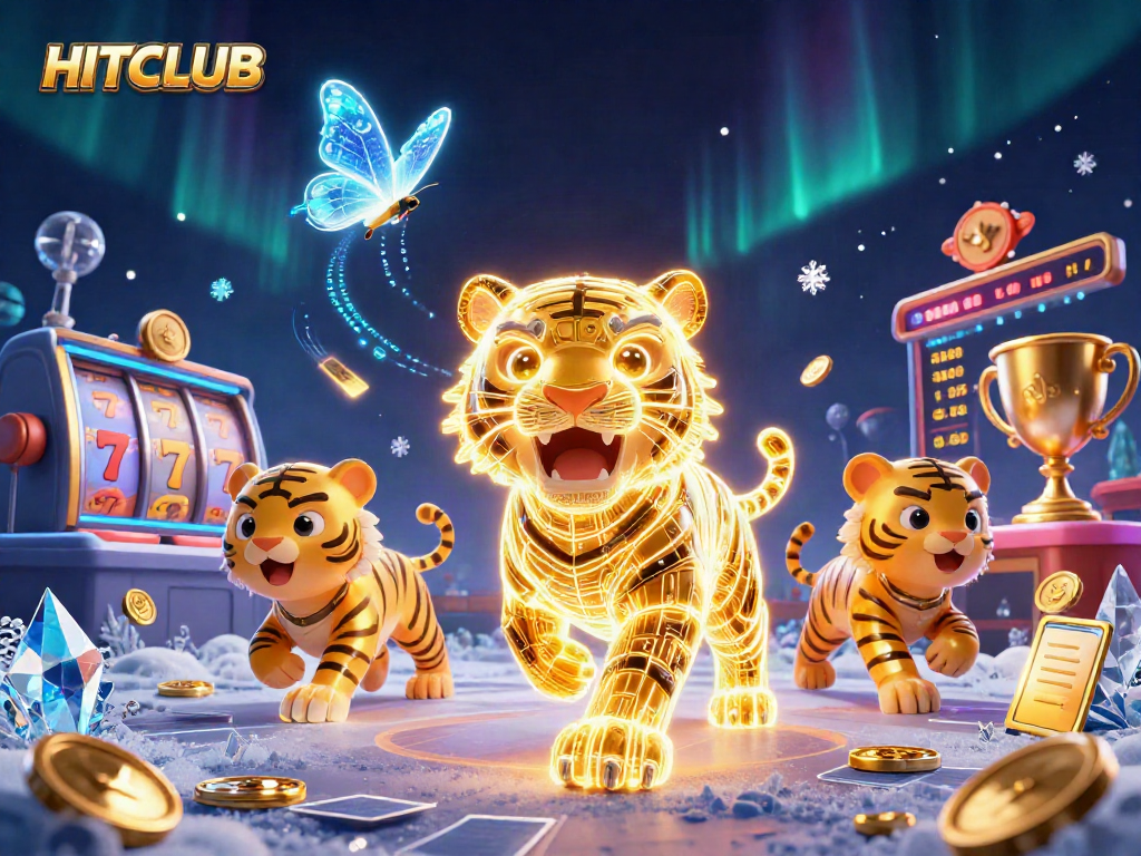 Engage with HITCLUB in an electrifying digital casino space filled with vibrant gaming elements.