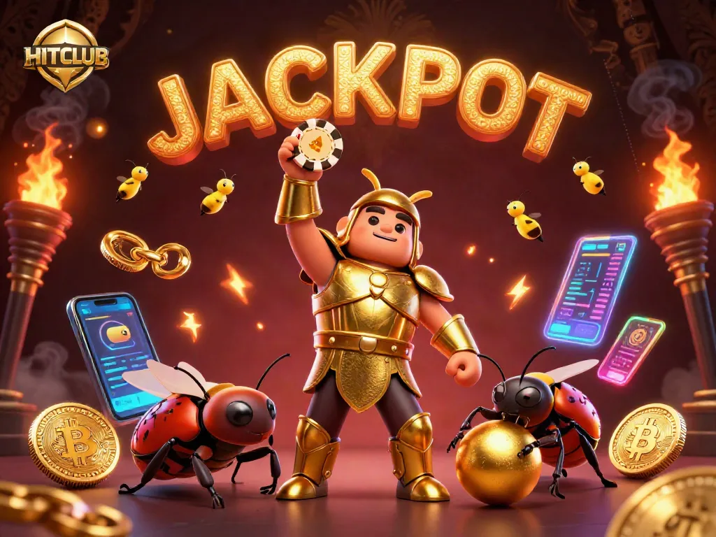 Engage in the HITCLUB experience with a heroic scene of a golden beetle celebrating a big win.