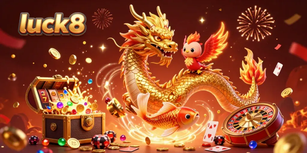 Win big with luck8's vibrant casino adventure featuring a golden dragon, colorful slot reels, and magical treasures.