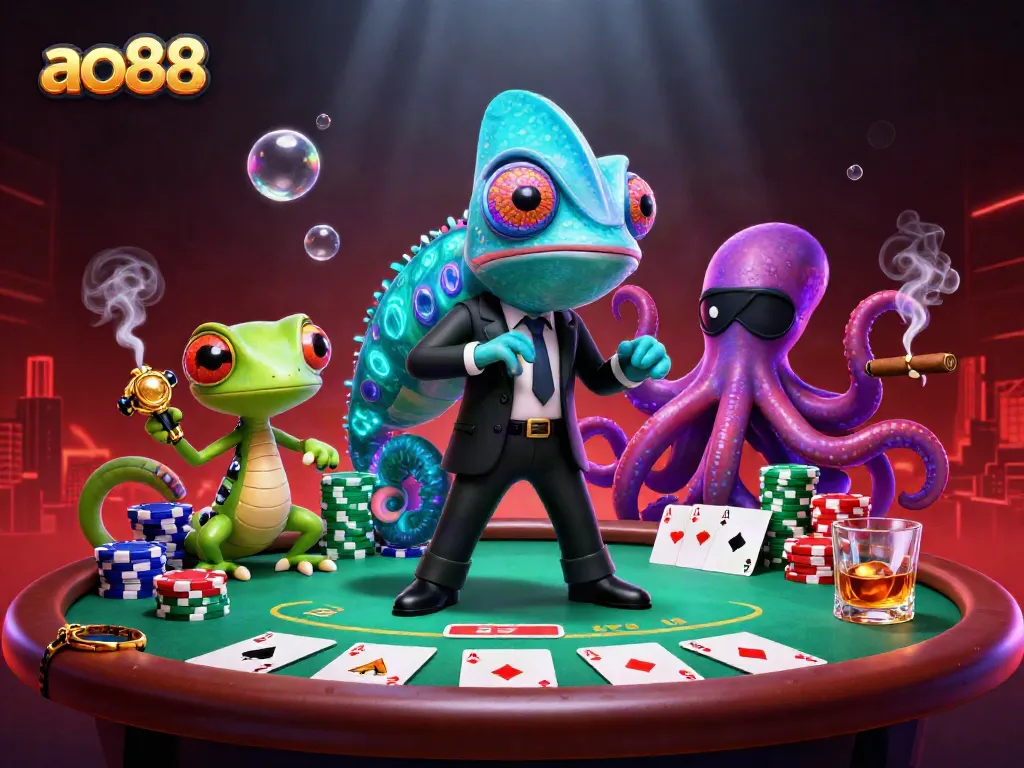 Experience the thrilling gaming action at ao88 with a vibrant scene of animated characters and poker elements.