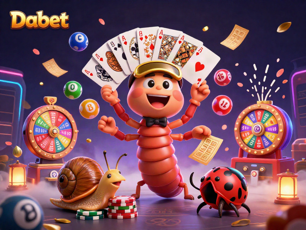 Dabet showcases a vibrant casino scene with a millipede dealer and exciting game elements.