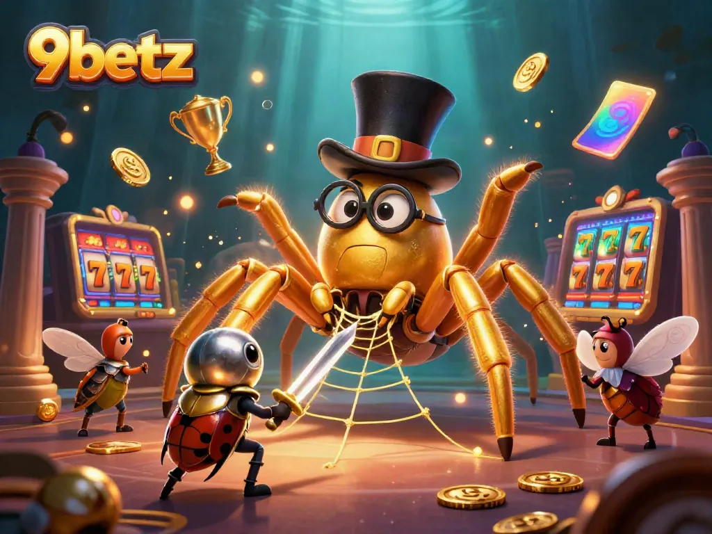 Experience the thrilling world of 9betz with vibrant gaming elements and a dramatic casino scene.