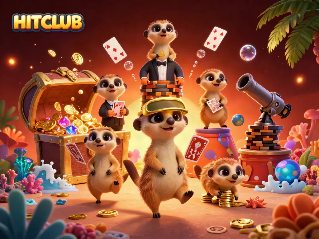 Experience HITCLUB's vibrant casino adventure with meerkats managing colorful games and treasures.