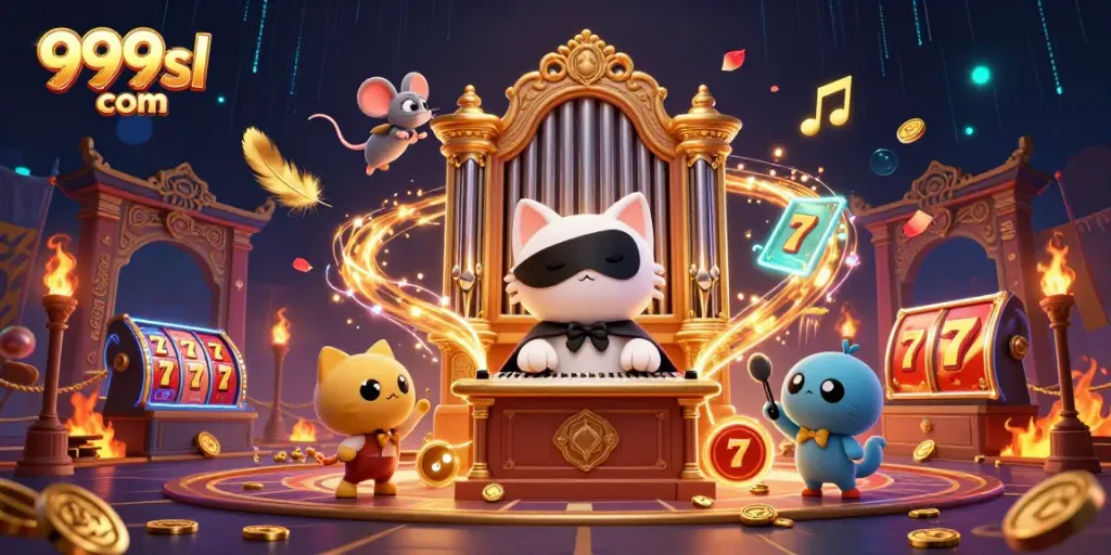 Engage with thrilling games at 999sl com featuring an acrobatic mouse and a phantom cat surrounded by casino elements.