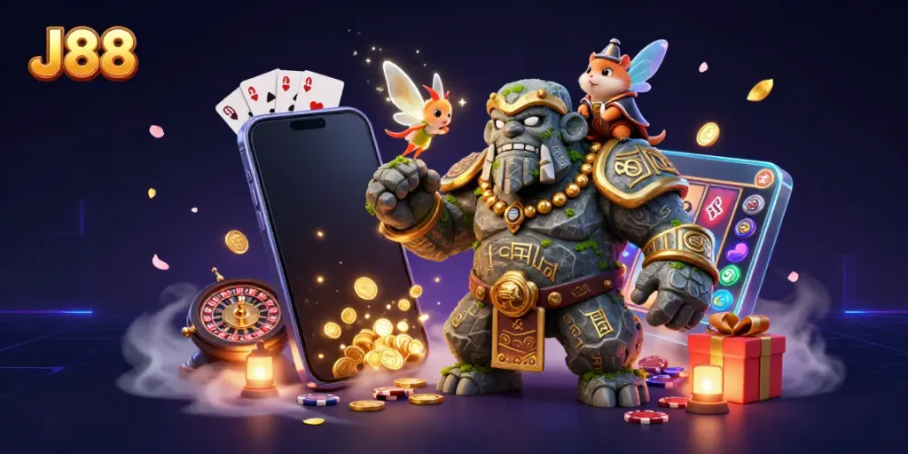 Experience J88's magical gaming excitement with a unique stone golem and fairy scene.