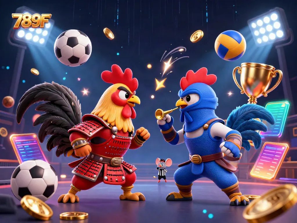Engage with thrilling sports betting scenes featuring 789F's fighting roosters and dynamic game elements.